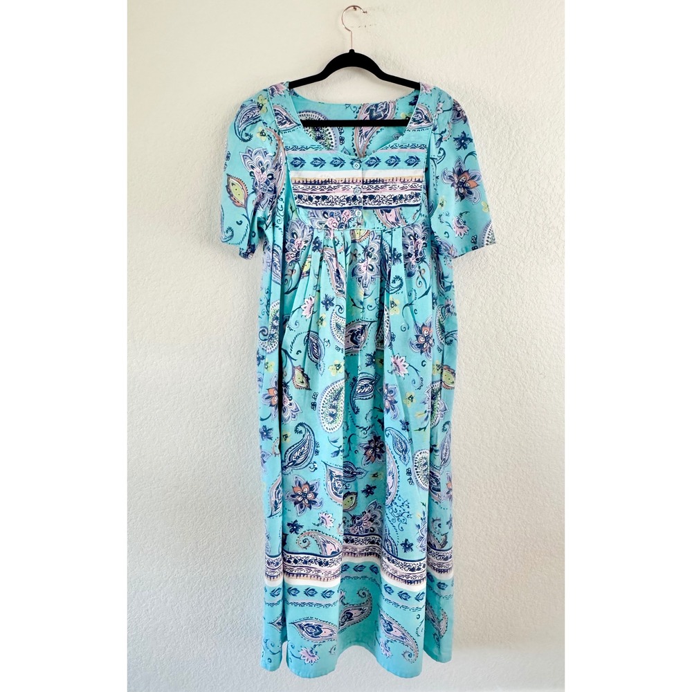 Vintage Muumuu Maxi Dress Womens L Turquoise Paisley Floral Pleated Boho 70s 80s